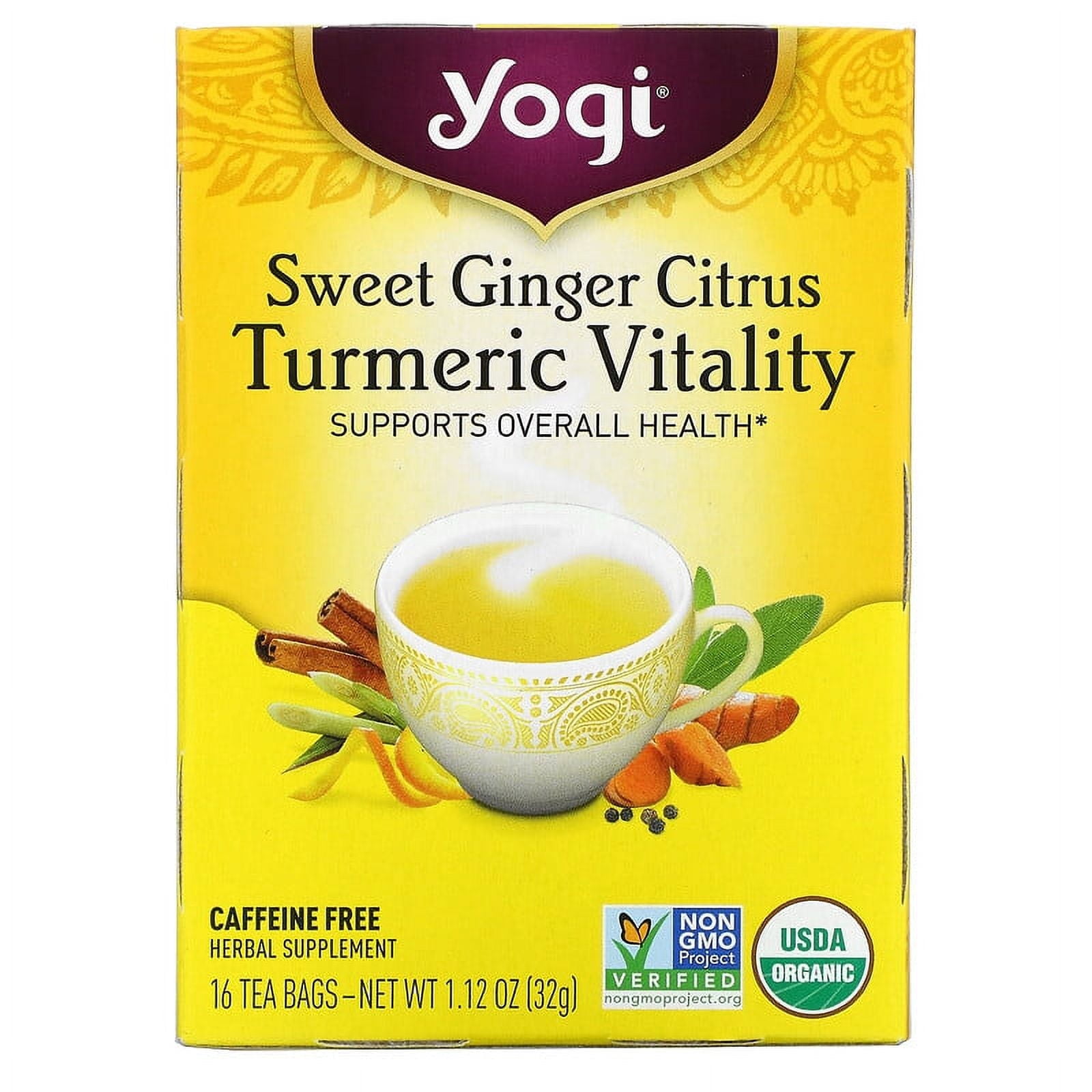 Yogi Tea, Sweet Ginger Citrus Turmeric Vitality, Caffeine Free, 16 Tea Bags, 1.12 oz Pack of 3