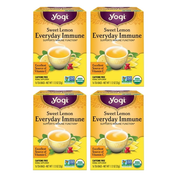 Yogi Tea Sweet Lemon Everyday Immune, Herbal Tea, Wellness Tea Bags, 4 Boxes of 16