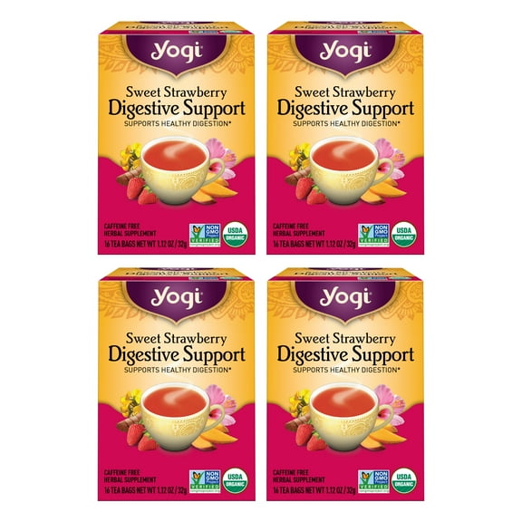 Yogi Tea, Sweet Strawberry Digestive Support, Organic Turmeric Tea Bags, 4 Boxes of 16