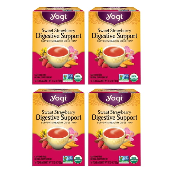 Yogi Tea - Sweet Strawberry Digestive Support - Organic Turmeric Tea Bags - 4 Boxes of 16