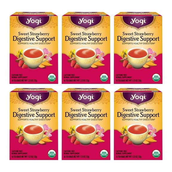 Yogi Tea, Sweet Strawberry Digestive Support, Organic Turmeric Tea Bags, 6 Boxes of 16