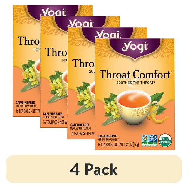 (4 pack) Yogi Tea Throat Comfort, CaffeineFree Organic Herbal Tea Bags, 16 Count