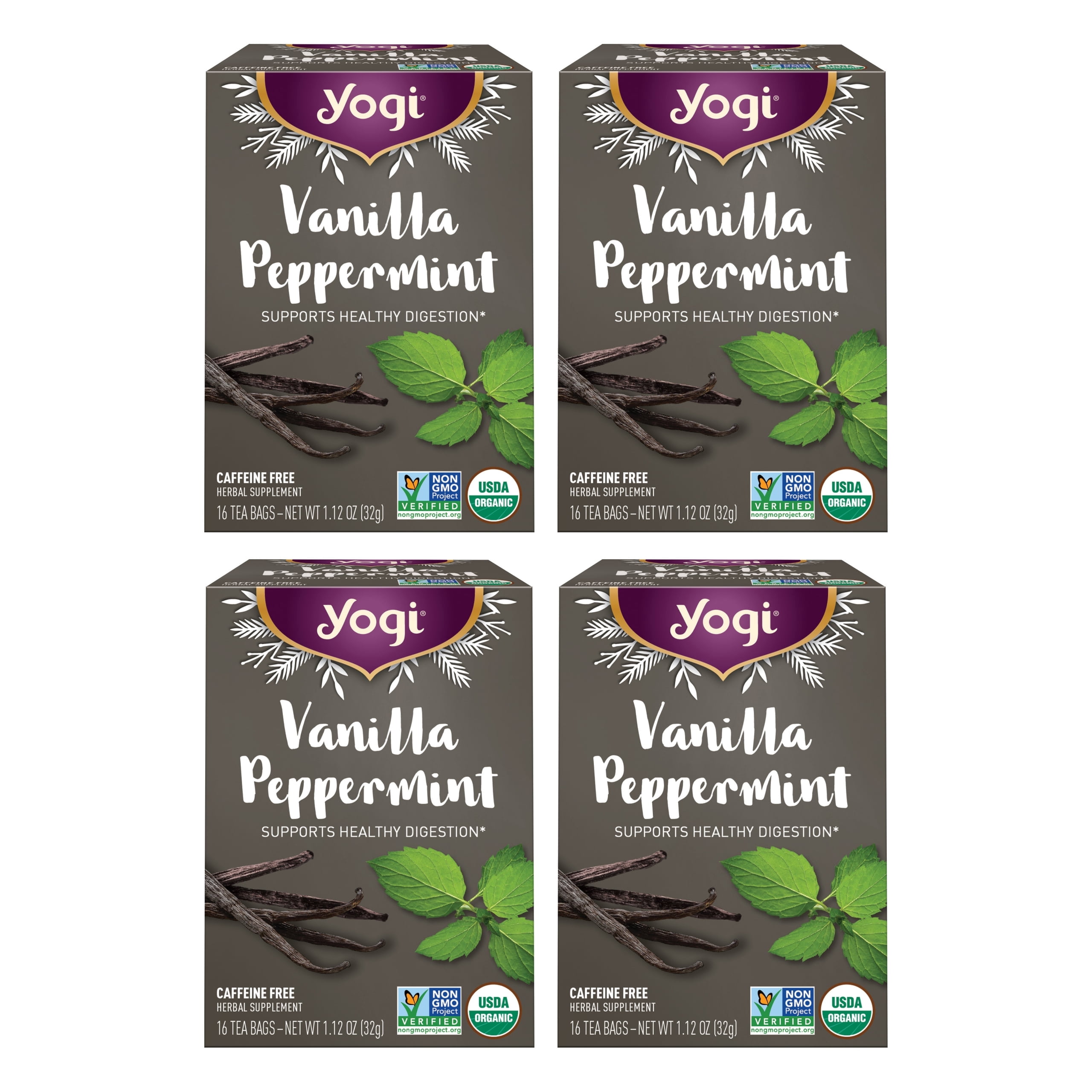 Yogi, Herbal Tea, Vanilla Peppermint, Caffeine-Free, 4 Boxes of 16