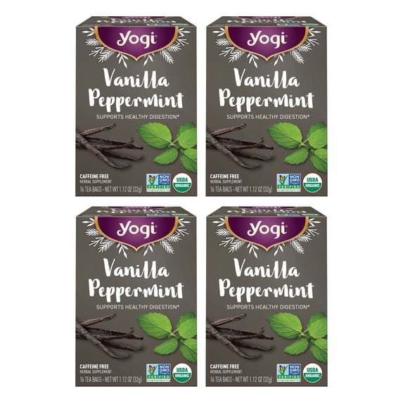 Yogi Tea Vanilla Peppermint, Caffeine-Free Herbal Tea, Wellness Tea Bags, 4 Boxes of 16