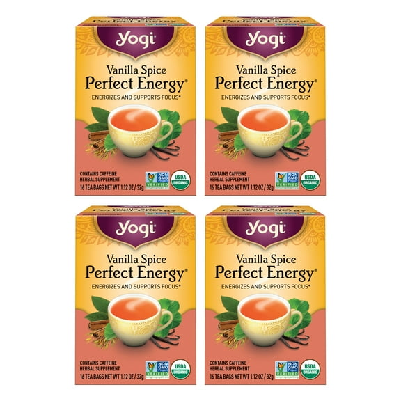 Yogi Tea Vanilla Spice Perfect Energy, Organic Black Tea Bags, 4 Boxes of 16