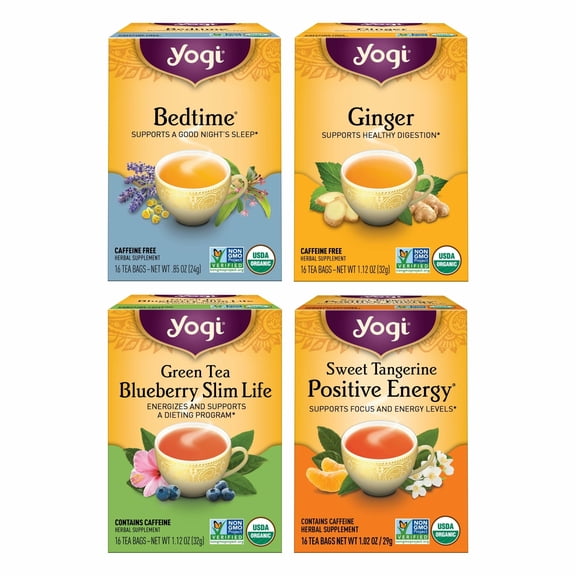 Yogi Tea Variety Pack - 16 Bags per Pack (4 Packs) - Organic Black, Green & Herbal Teas - Includes Bedtime, Ginger, Green Tea Blueberry Slim Life & Sweet Tangerine Positive Energy