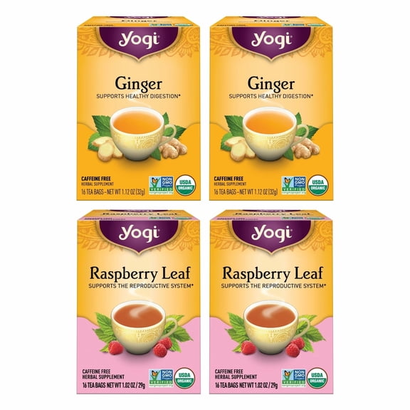Yogi Tea Women's Wellness Variety Pack 4pk - 16 Bags per Pack (4 Packs) - Supports Moon Cycle and Digestion - Includes (2 Boxes Each) of Ginger & Raspberry Leaf - Organic Caffeine-Free Teas