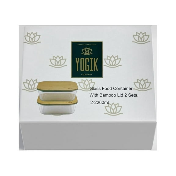 YogiK Set of 2 Rectangular High Borosilicate Glass Food Storage Containers 2260ml with Eco-Friendly Bamboo Lids - Plastic Free - Phthalate Free - LFGB Approved FDA Approved - Ovenproof Glass up to 5