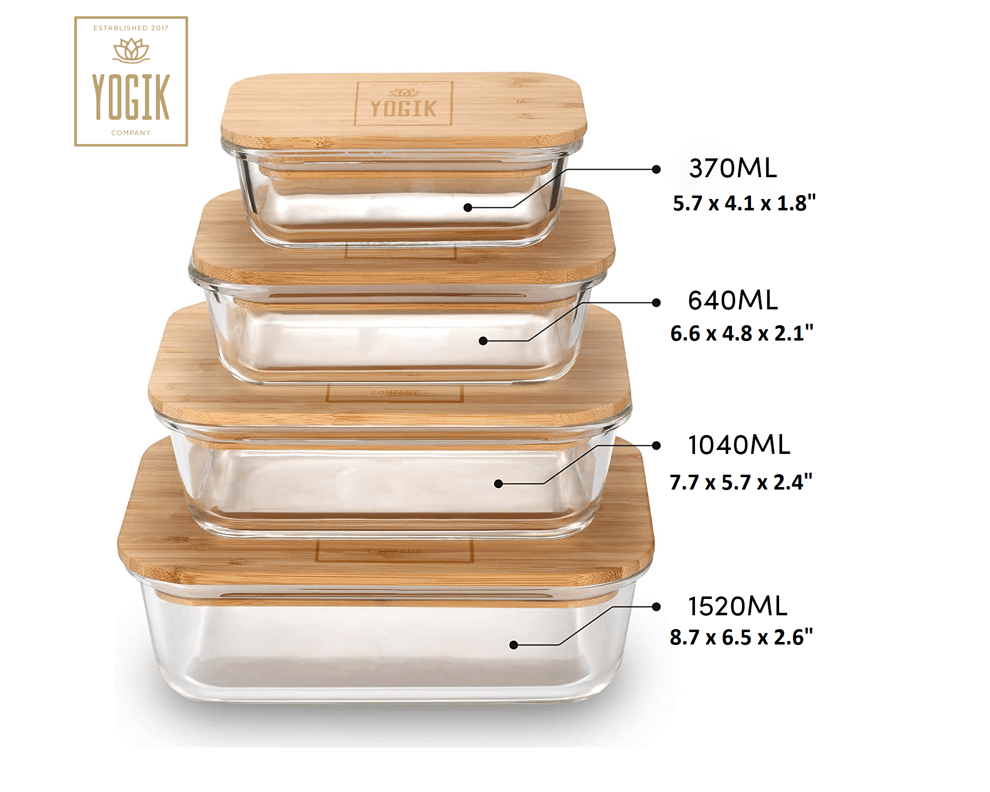 Yogik Set of 4 Rectangular Glass Food Storage Containers with Eco-Friendly Bamboo Lids - Plastic Free - Phthalate Free - Lfgb Approved FDA Approved 