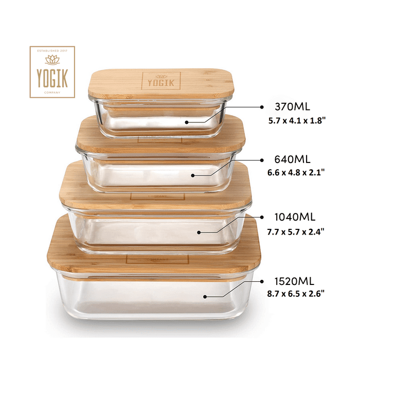 Glass Food Storage Containers with Eco-Friendly Bamboo Wooden Lids, Set of  4