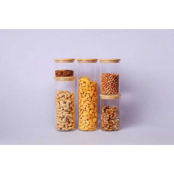 YogiK 5-Count High Borosilicate Glass Food Storage Jars with Bamboo Lids