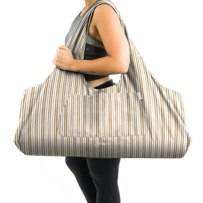 Yogiii Large Yoga Mat Bag | The ORIGINAL YogiiiTotePRO | Large Yoga Bag or  Yoga Mat Carrier with Side Pocket | Fits Most Size Mats (Striped Latte