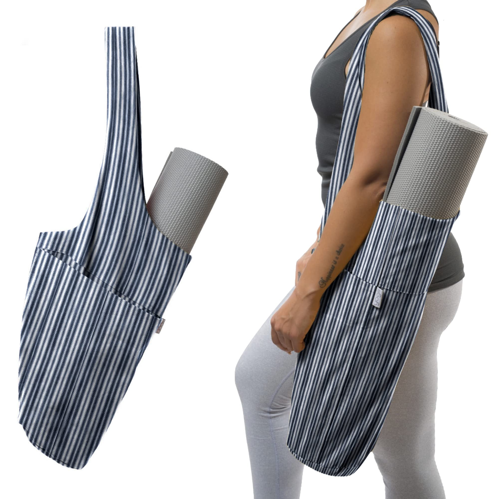 Yogiii Yoga Mat Bag | The ORIGINAL YogiiiTote | Yoga Mat Carrier Tote Sling  w/ Large Side Pocket & Zipper Pocket | Fits Most Size Mats (Striped Coral