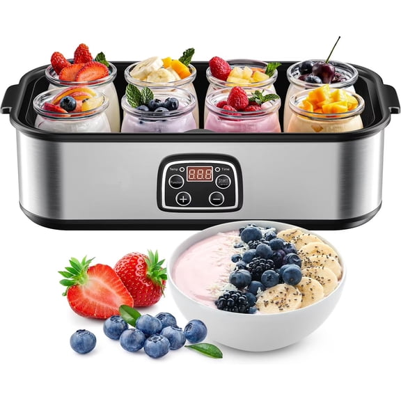 Yogurt Maker with Adjustable Temperature and Timer—Rich in Probiotics—Digital Greek Yogurt Maker with 8×6 oz. BPA-Free Glass Jars, Easy Home Operation, Stainless Steel Construction