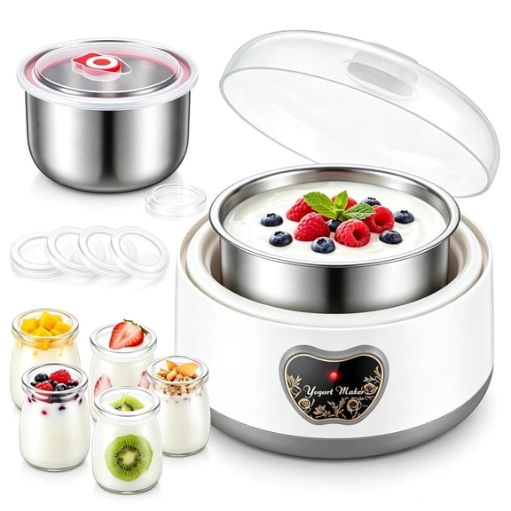 Yogurt Maker,1.2L Stainless Steel Yogurt Machine with 5 Sealed Glass Jars, Constant Heating for Homemade Greek Yogurt