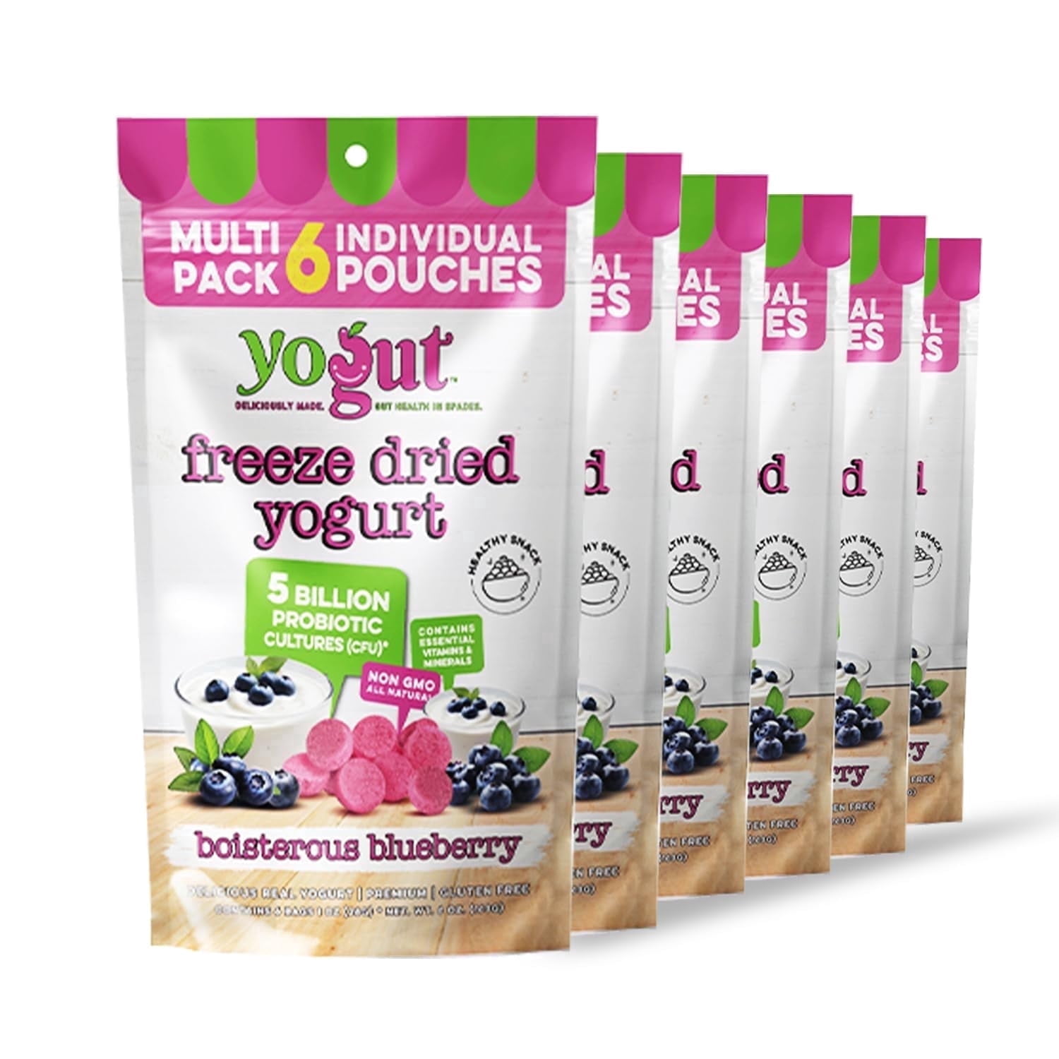 YoGut Freeze-Dried Blueberry Yogurt Smoothie & Melts Snack, 6Pk, Healthy Snacks for Kids, Toddlers & Adults, Gluten-Free, Non-GMO, with 5 Billion Probiotic Cultures, Vitamins & Minerals, Individual S