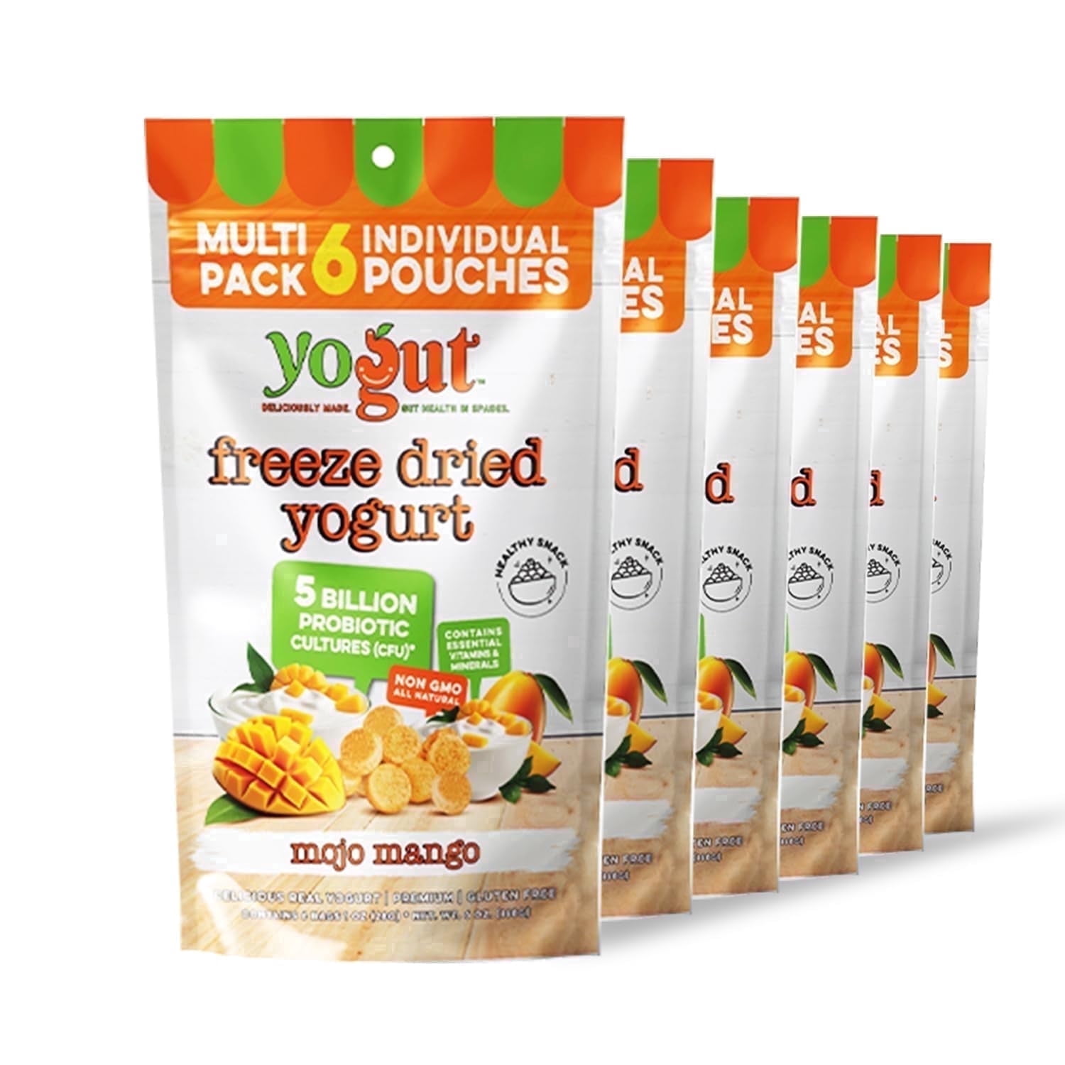 YoGut Freeze Dried Yogurt Snack Mango, 6 Pack, Crunchy Texture, Gluten Free, Non GMO, Probiotic Healthy Snack for Kids & Adults