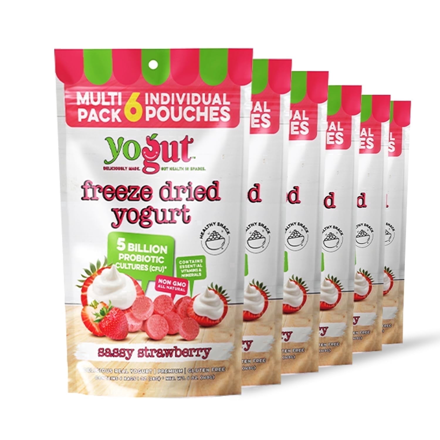 YoGut Freeze-Dried Strawberry Yogurt Bites, Crunchy Snack with Probiotics, Gluten-Free, Non-GMO, 6 Pack for Kids & Adults