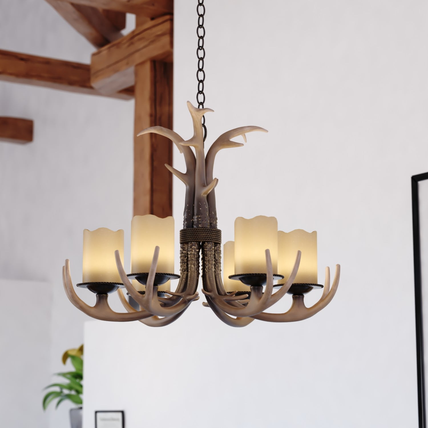 Rustic Antler-Inspired 6-Light Chandelier in Creme Cognac and Black Walnut