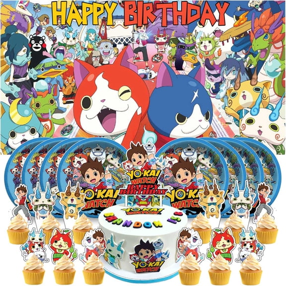 Yokai Watch Birthday Party Decor Set - 5x2.3ft Backdrop Banner, Paper Plates, Cake Toppers & Fan Decorations