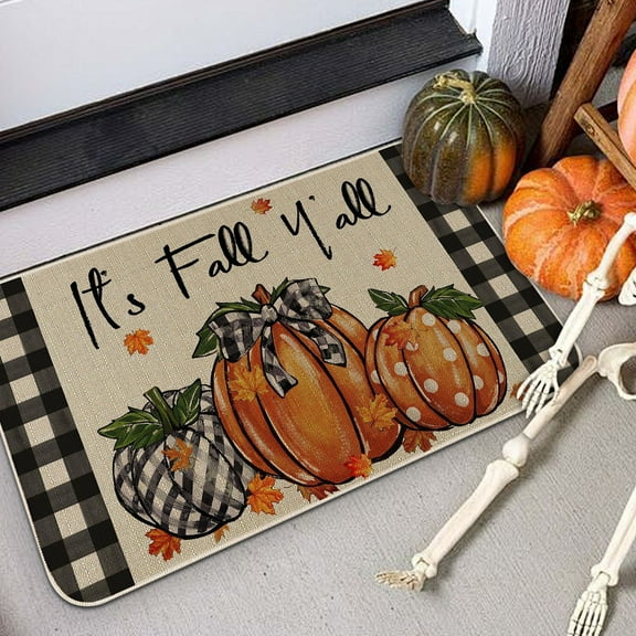 Yokan Pumpkin Maple Velvet Floor Mat, Non-Slip Absorbent Doormat with Autumn Leaves Design, Decorative Foyer Rug for Bathroom, Kitchen, & Home Décor, Easy to Clean Fall Holiday Floor Mat