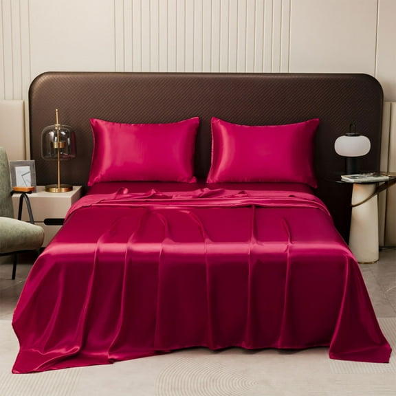 Yokan Solid Color Ease Friendly Washable Sheets Luxurious Silk Bedding, Soft Satin Bed Sheet, Smooth Polyester Fabric for Bedroom, Blue/Black/Burgundy/Green/Champagne/Pink/Purple, 1 Piece