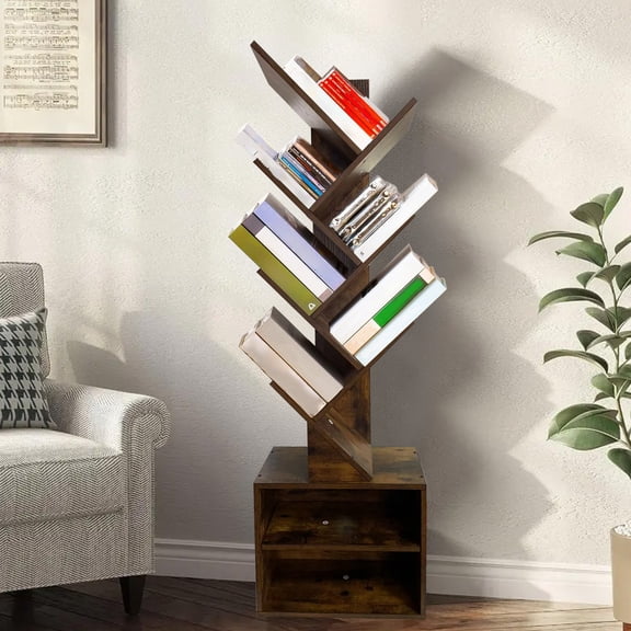 Yokan Tree Shape Wood Bookshelf, 6-Tier Storage Rack with 2 Bottom Shelves, Decorative Bookshelf for Living Room, Office & Home Organization, Modern Storage Solution Shelf