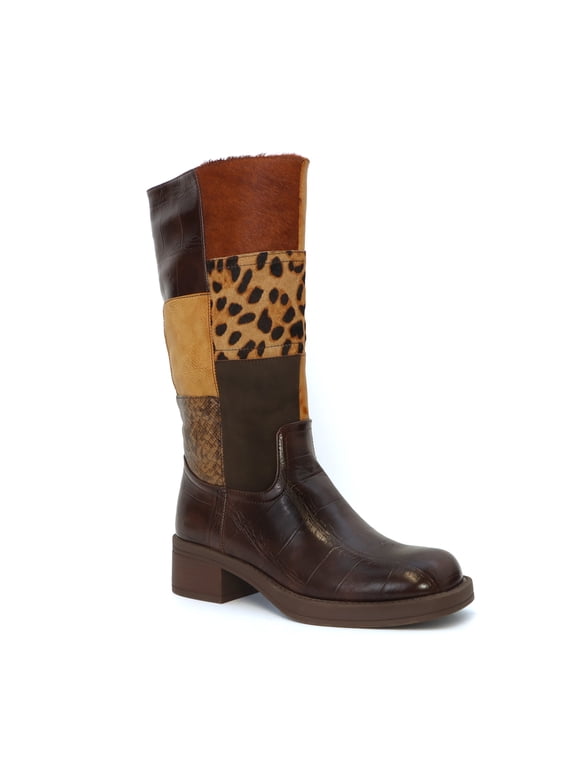 Women’s Patchwork Animal Print Knee-High Boots with Block Heel