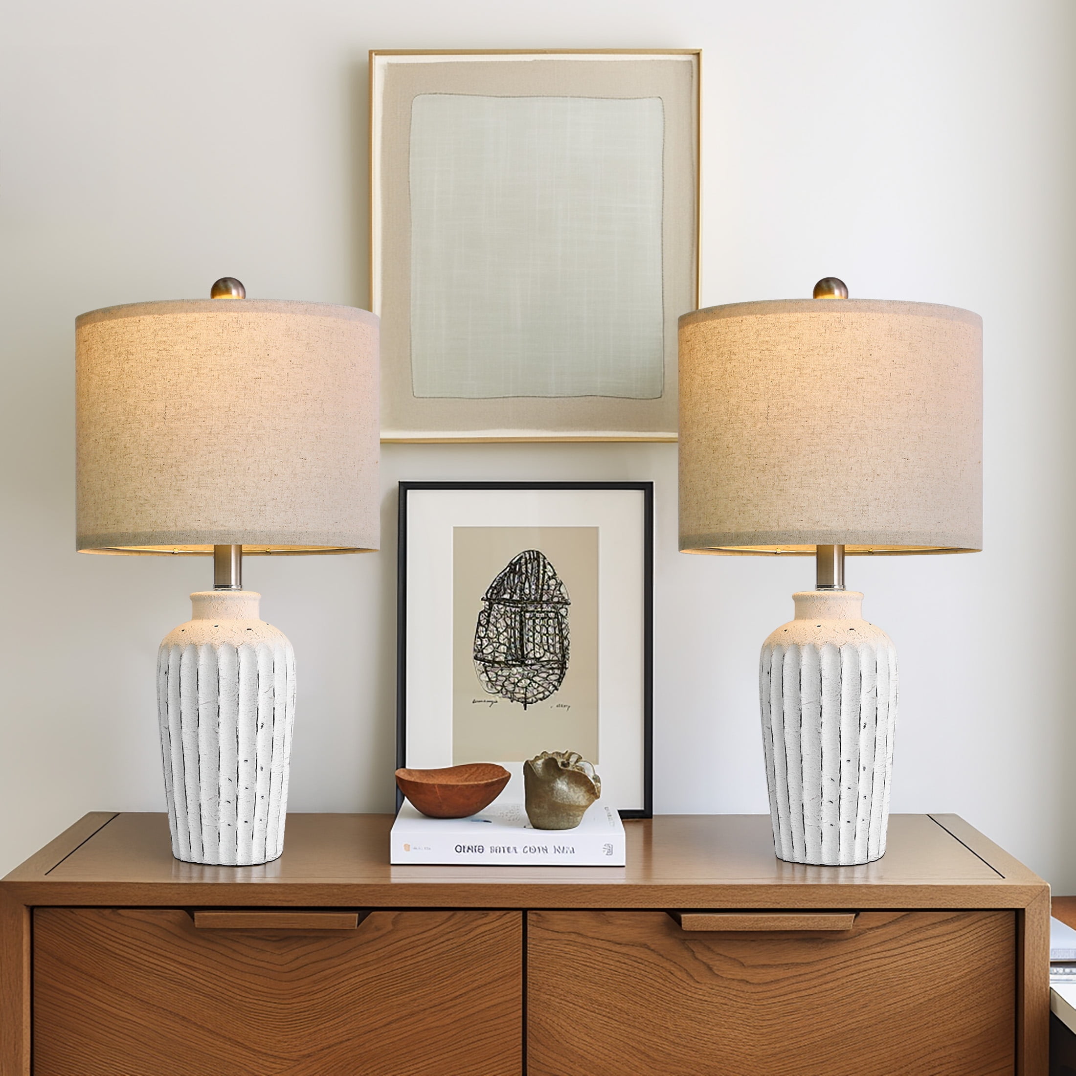 Yokila 20" White Ceramic Table Lamp Set of 2 for Living Room Bedroom Modern Bedside Nightstand Lamps with Lamp Shade