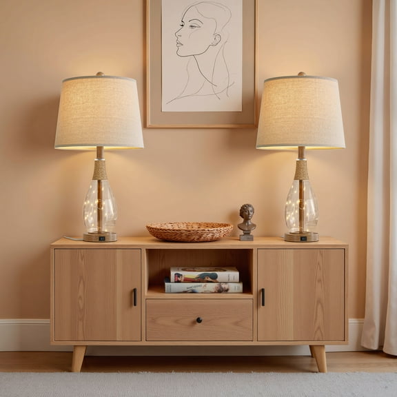 Yokila 23" Farmhouse Table Lamp Set of 2 with USB Ports for Bedroom Living Room, Retro Glass Nightstand Bedside Lamps(2 Bulbs Included)