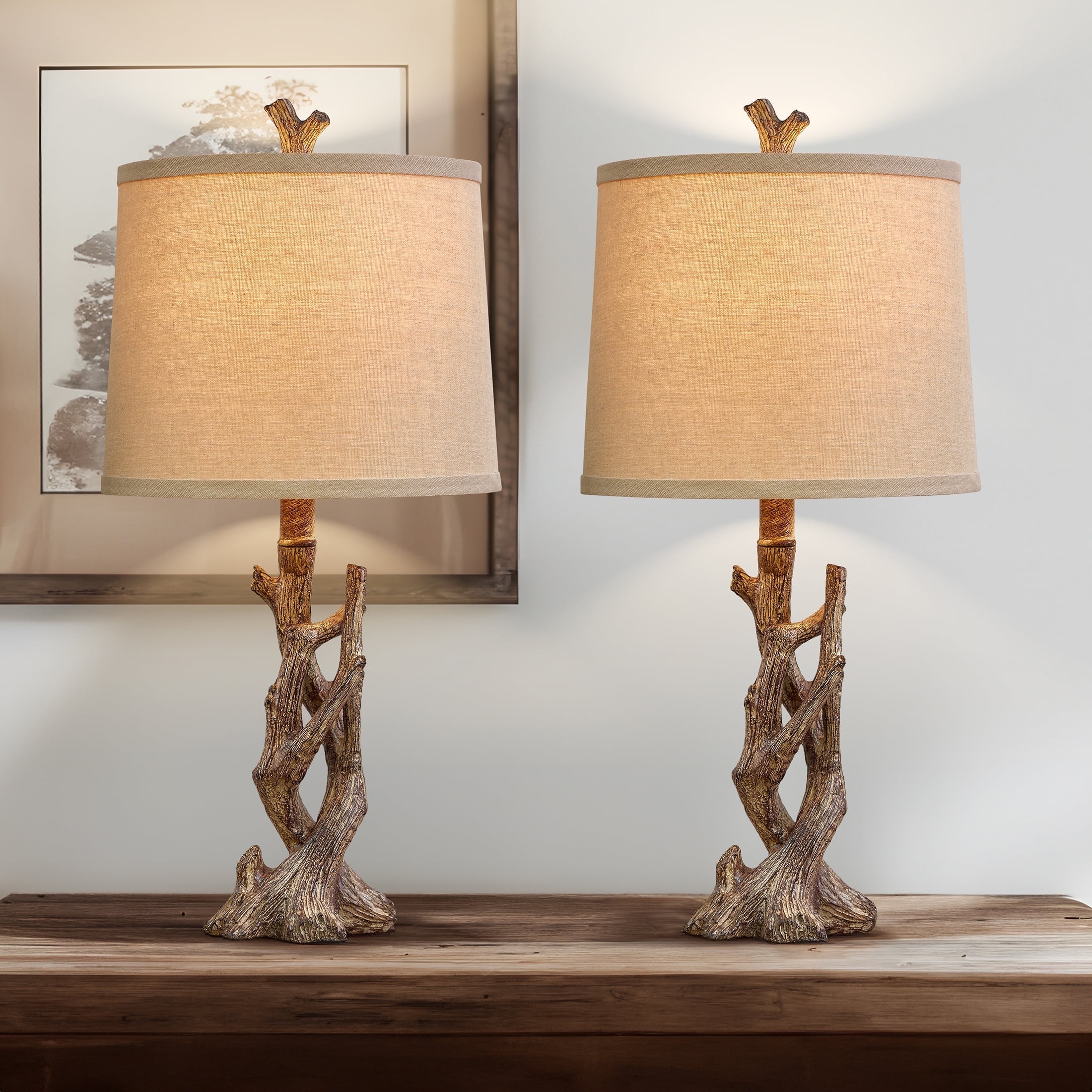 Yokila 23" Wood Grain Rustic Table Lamp Set of 2 for Living Room ...