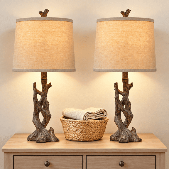 Yokila 23" Wood Grain Rustic Table Lamp Set of 2 for Living Room Bedroom Farmhouse Tree Trunk Bedside Nightstand Lamps with Lamp Shade