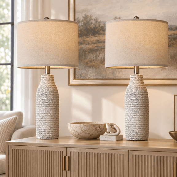 Yokila 25 in White Ceramic Table Lamps Set of 2 with Beige Linen Drum Shades, E26 Sockets for Bedroom and Living Room