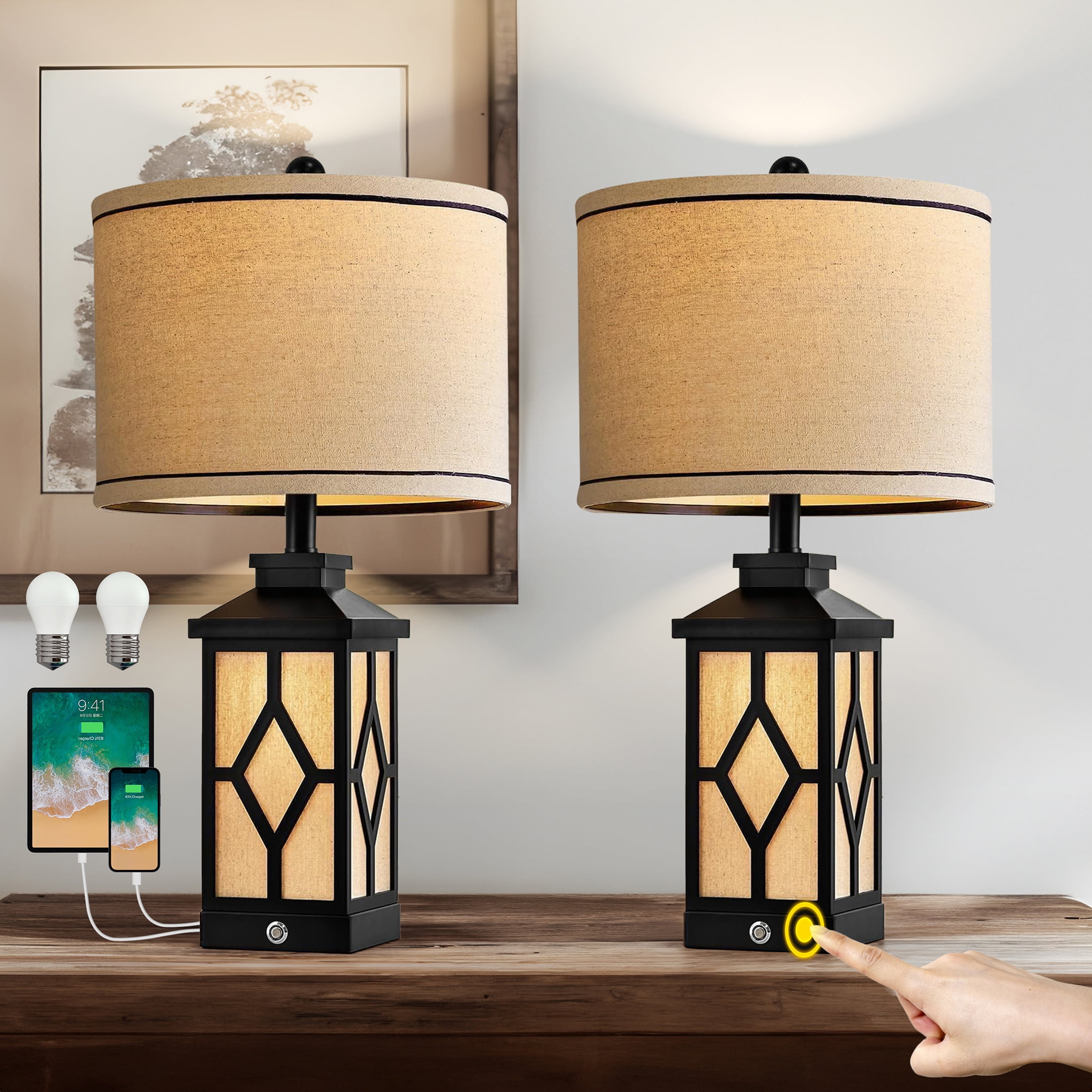 Yokila 3-Way Dimmable Touch Black Table Lamp Set of 2 with USB A+C ...
