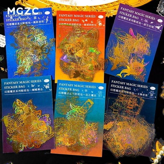 Yoksas Golden Foil Holographic Sticker for Scrapbooking,180Pcs Glitter Butterfly Magic Fantasy Self-Adhesive Decals for Junk Journaling Resin Crafts
