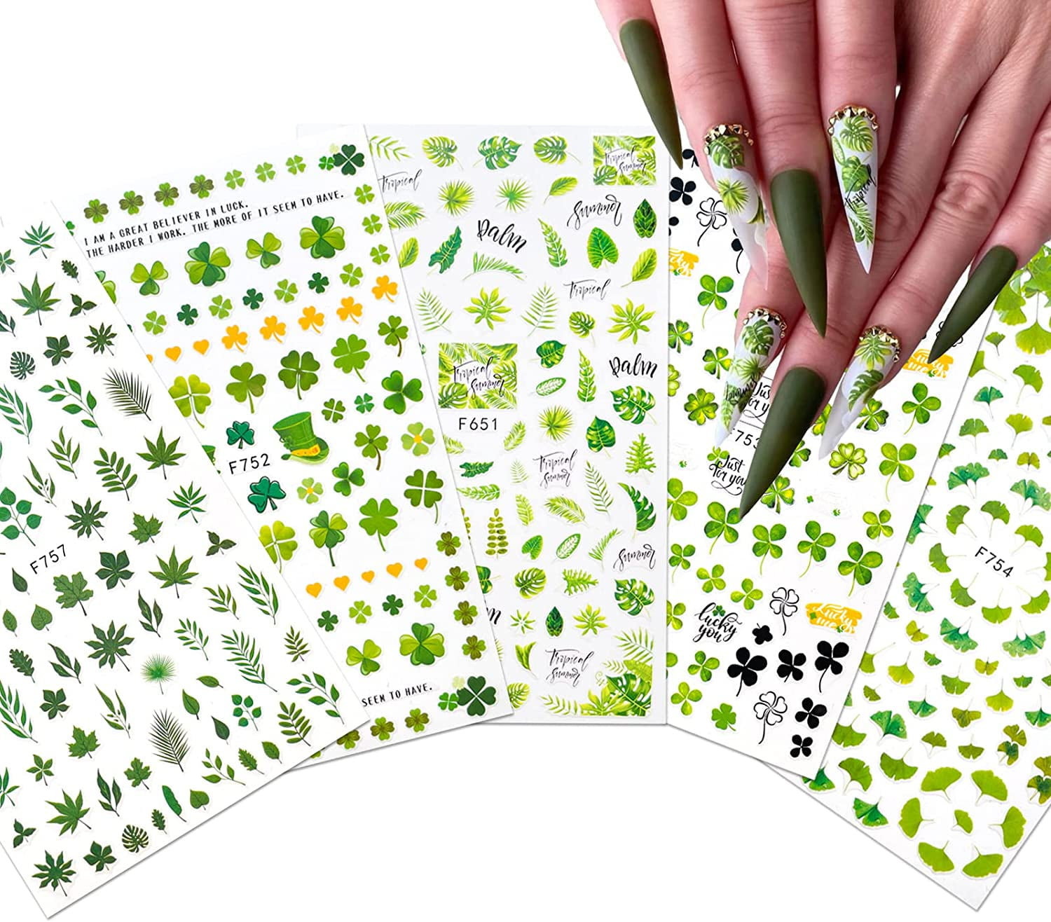 Yoksas Green Foliage Nature Plant Nail Art Sticker Set - 6 Sheets of ...