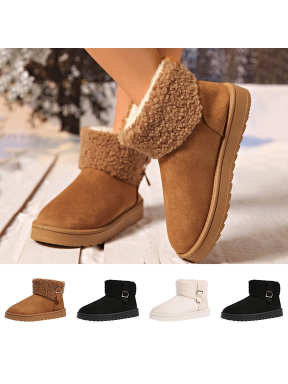 Women's Classic Short Snow Boots Warm Fleece Lined Winter Booties With Shearling Like Fur Cuff Suede Like Water Resistant Upper Thick Non Slip Sole