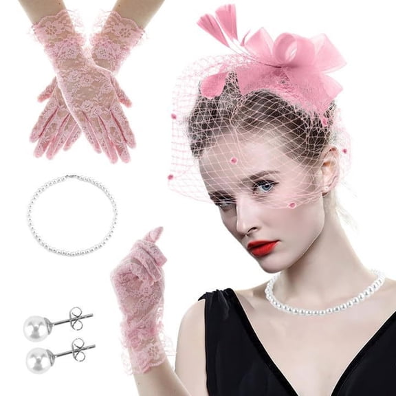 Yokua 1920s Fascinator Headwear with Gloves Necklace for Cocktails Party Stage Props