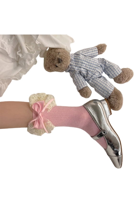 2Pcs Ballet Socks for Girls with Bows Lace Top Sock Princess Style Dress Socks