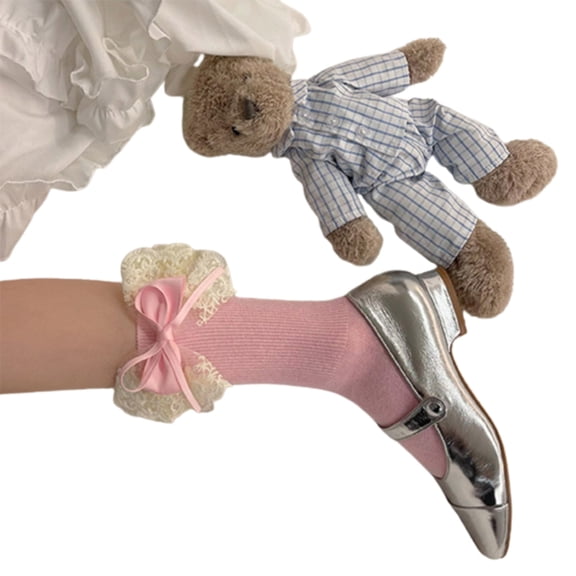 Yokua 2Pcs Ballet Socks for Girls with Bows Lace Top Sock Princess Style Dress Socks