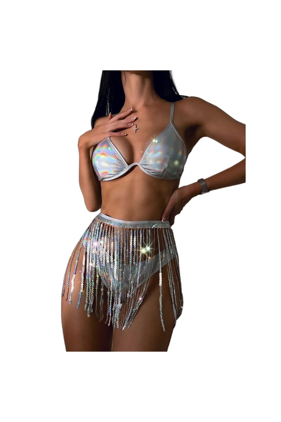 3Pieces Swimsuit Metallic Bandeau Triangle-Bikini Set Rave-Outfits for Women