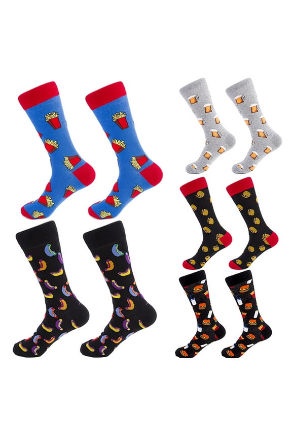 5 Pairs Mens Novelty Funny Food-Themed Crew Socks Colorful Cartoon Hot Dog Chips Beer Hamburger Printed Casual Cotton Hosiery Gifts