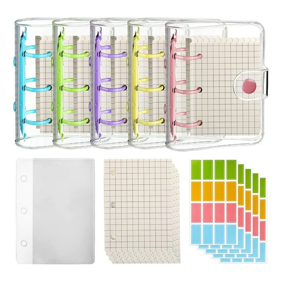 Yokua 5 Sets Mini PVC 3 Rings Binder Covers with Inner Paper, Labels, Card Pocket