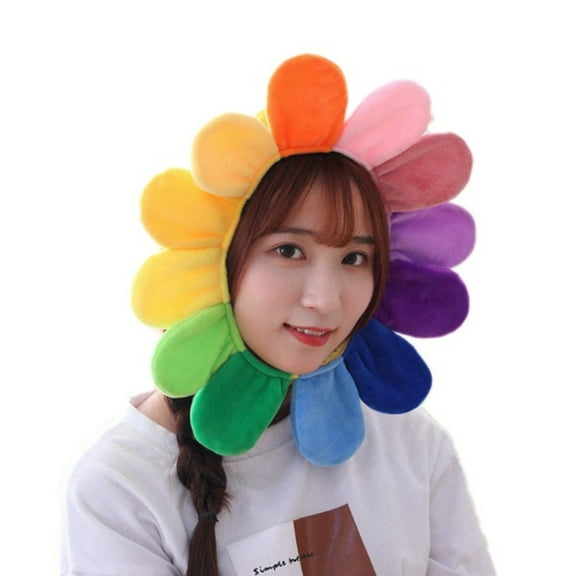 Yokua Adult Kids Funny Rainbow Colorful Sunflower Hat Soft Plush Petals Blooming Hood