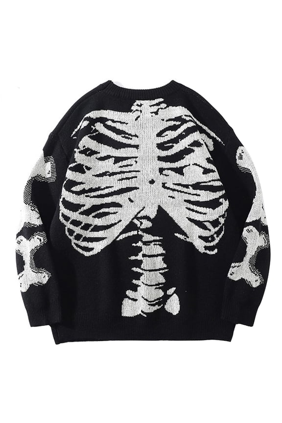 Autumn Crew Neck Sweater for Unisex Oversized Skeleton Bone Print Knit Sweater