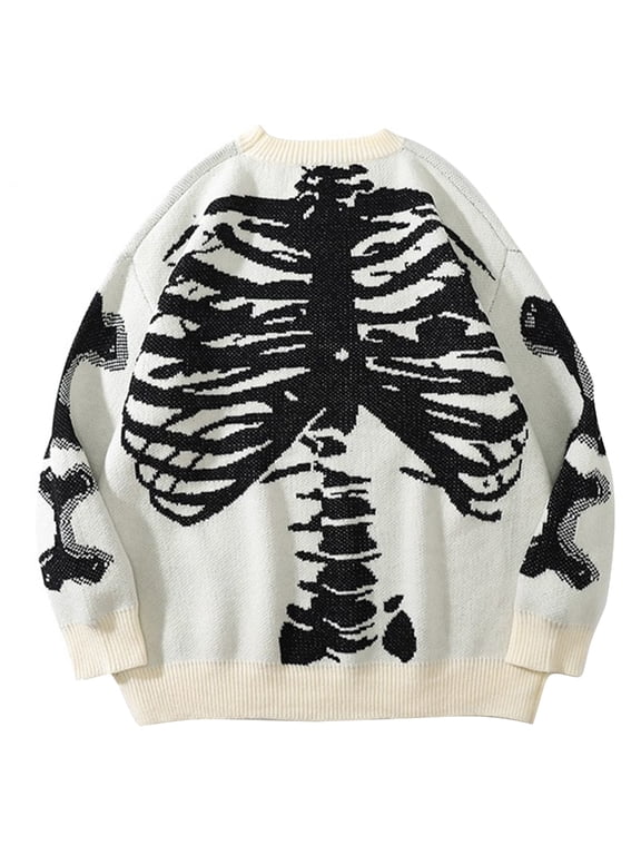 Autumn Crew Neck Sweater for Unisex Oversized Skeleton Bone Print Knit Sweater