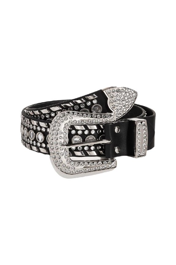 Black/White Rhinestone Belt Gothic Rock Fans Waist Belt for Music Festivals