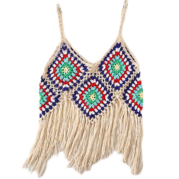Yokua Boho Ethnic Style Women Camisole V Neck Cropped Top Summer Crochet Sweet Tops