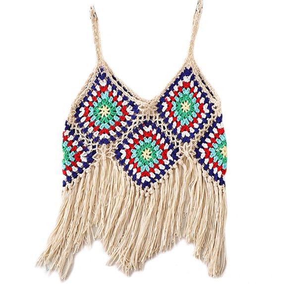 Yokua Boho Ethnic Style Women Camisole V Neck Cropped Top Summer Crochet Sweet Tops
