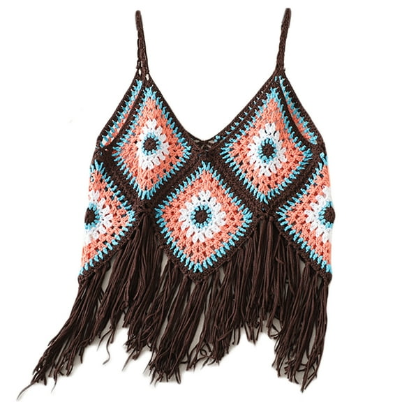 Yokua Boho Ethnic Style Women Camisole V Neck Cropped Top Summer Crochet Sweet Tops